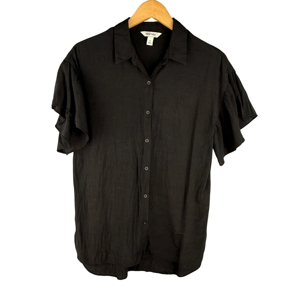 Nine West XS Black Short Sleeve Blouse Button Down Rayon Blend Top Workwear Goth